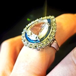 New Kenneth Jay Lane Silvertone Pear Simulated Diamond & Enamel Ring.
